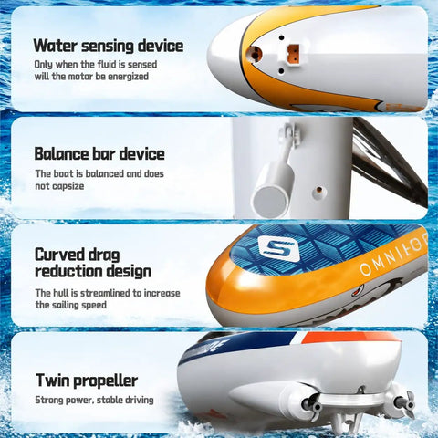 Close-up of Mini Remote Control Boat With 2.4GHz RC Windsurfer Surfing Action features including water sensing device and twin propeller.