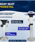 Five Oceans boat seat pedestal kit in packaging; marine-grade aluminum pedestal with 360° swivel and 19–25 in height.