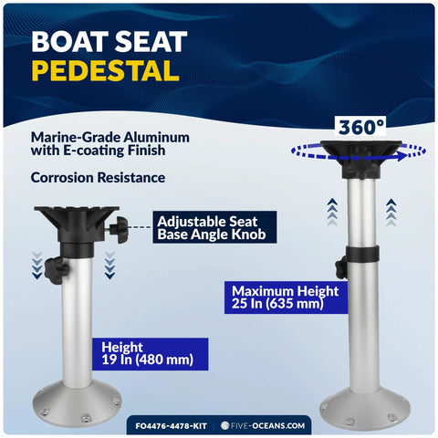 Five Oceans boat seat pedestal kit in packaging; marine-grade aluminum pedestal with 360° swivel and 19–25 in height.
