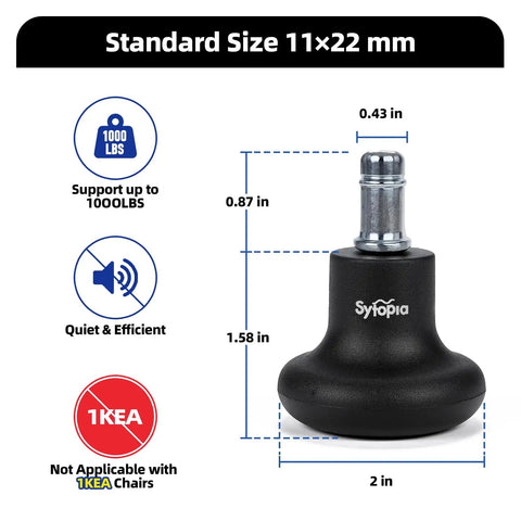 No Sweat Office Chair Bell Glides Replacement With Fixed Feet Wheel Stopper For Swivel Chairs And Stools Featuring 7/16 X 7/8 Stem Self Adhesive Felt Pads For Quiet Non Slip Floor Protection 5 Pack, 11x22 mm, supports 1000 lbs.