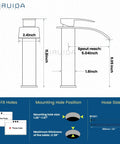Diagram of Matte Black Tall Waterfall Vessel Sink Faucet With Large Rectangular Spout Single Handle One Hole Mixer dimensions.
