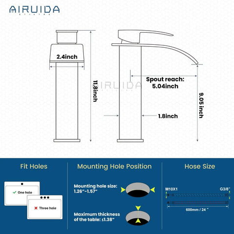 Diagram of Matte Black Tall Waterfall Vessel Sink Faucet With Large Rectangular Spout Single Handle One Hole Mixer dimensions.