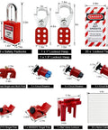 A Complete Lockout Tagout Kit For Electrical Panels With Clamp On Circuit Breaker Locks That Supports Group Lockout Hasps And Tags OSHA Compliant Includes Universal Multi Pole Breaker Lockout For Station Use In Bright Orange Box, showing padlocks, hasps, tags, breakers, and cables.