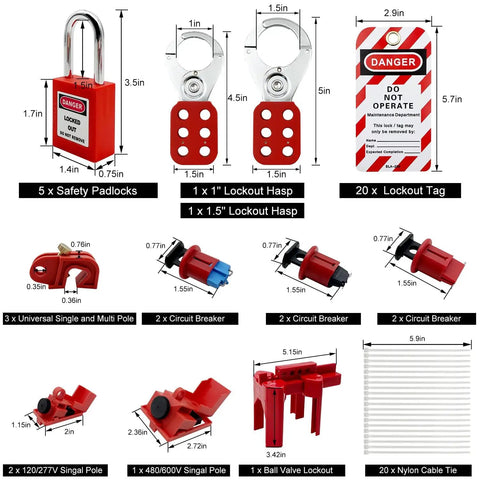 A Complete Lockout Tagout Kit For Electrical Panels With Clamp On Circuit Breaker Locks That Supports Group Lockout Hasps And Tags OSHA Compliant Includes Universal Multi Pole Breaker Lockout For Station Use In Bright Orange Box, showing padlocks, hasps, tags, breakers, and cables.