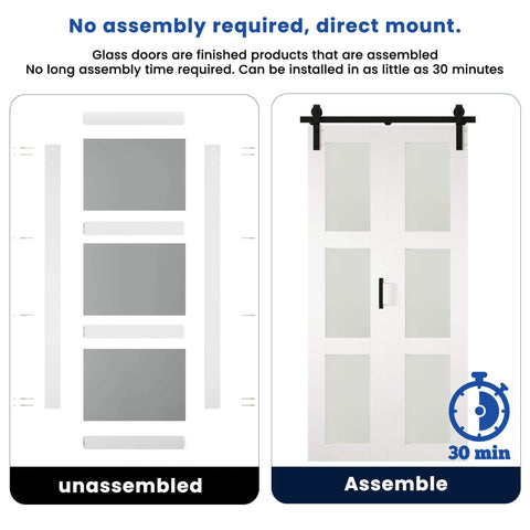 Space Saving Bifold Barn Door 28 Inch by 84 Inch Frosted Glass With Hardware Kit Included White PVC Surface Pre Drilled Holes