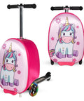 TinyNomad Unicorn Ride-On Scooter Suitcase for Kids; pink with unicorn graphic, extendable handle and wheels.