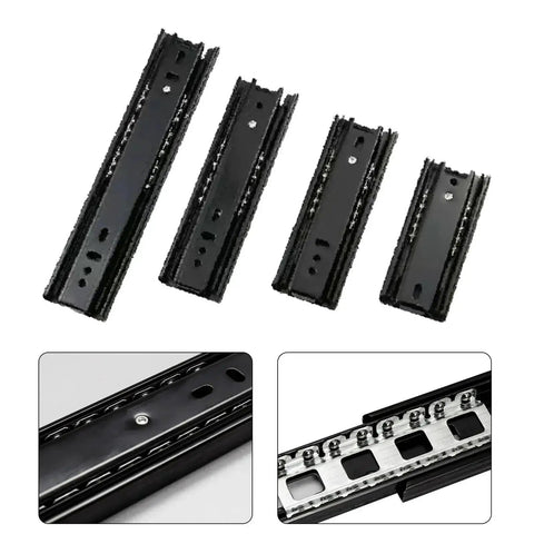 Super Strong Steel Drawer Slides 5 6 8 Inch Options shown in black, featuring ball bearing tracks for smooth glide furniture hardware.