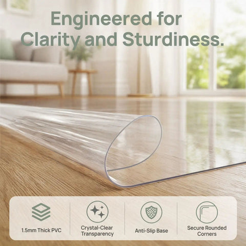 Clear PVC Rolling Chair Mat 47 By 87 Inches Flat No Curl Surface Heavy Duty Hard Floor Protector on wooden floor.