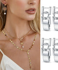 4 Pack Silver Bracelet Extender Set With Foldover Adjustable Extenders For Jewelry Eyeglass Chains Mask Straps Pet ID Tag Holders pictured separately next to model wearing gold jewelry.