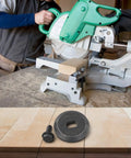 Carpenter using miter saw with green handle; Ultra Durable Miter Saw Blade Clamp Kit With Outer Flange And Bolt Replacement shown below