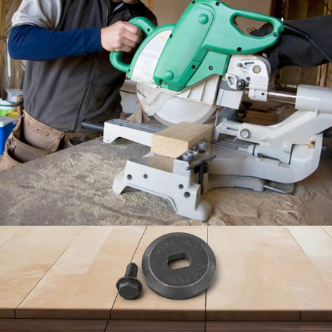 Carpenter using miter saw with green handle; Ultra Durable Miter Saw Blade Clamp Kit With Outer Flange And Bolt Replacement shown below