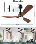 52 Inch Walnut Outdoor Ceiling Fan With Light And Remote Three Blades Three Downrods Six Speed Quiet DC Motor Cool Modern Rustic Ceiling Fan For Patios Porch Living Rooms Bedrooms Indoor Outdoor Use shown with dimensions and installation options