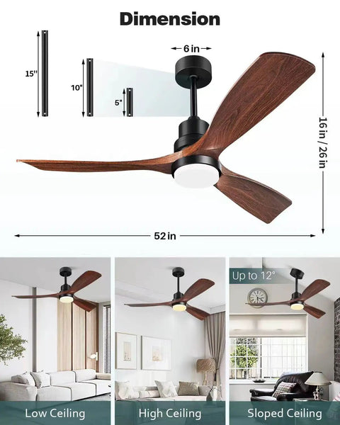 52 Inch Walnut Outdoor Ceiling Fan With Light And Remote Three Blades Three Downrods Six Speed Quiet DC Motor Cool Modern Rustic Ceiling Fan For Patios Porch Living Rooms Bedrooms Indoor Outdoor Use shown with dimensions and installation options