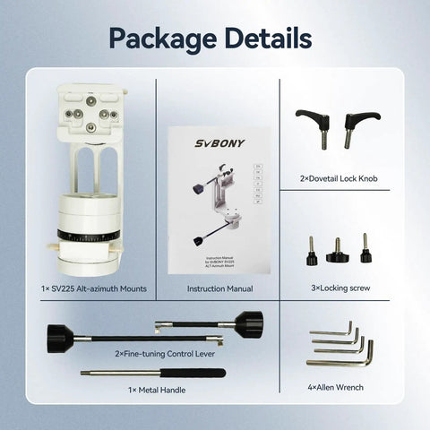 Package details with Alt-Azimuth Telescope Mount With Adjustable Angle, Lightweight 2.34kg CNC Hollow Design, manual, and tools.