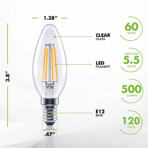 12 Pack LED E12 Candelabra Filament Bulbs 60W Equivalent Dimmable Clear Vintage Style 2700K energy saving specifications