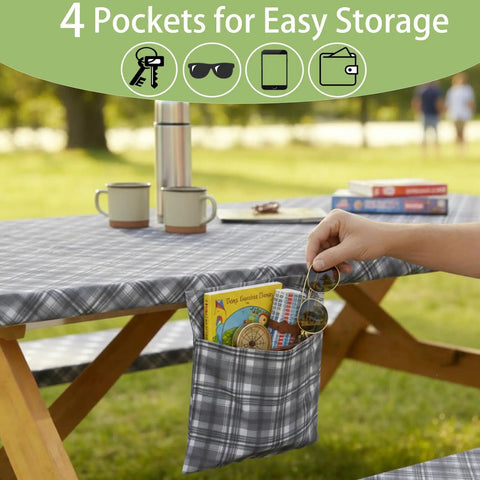 Fitted Waterproof Picnic Table Cover Set With Bench Covers Heavy Duty Elastic Outdoor Tablecloth With Storage Pockets