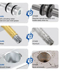 Comparison of solenoid valve parts: self-lubricating rubber seals vs. manual, brass vs. aluminum, smooth thread vs. rough.