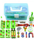 Big Time Physics Lab Essentials Offering A Clutch Electromagnetic Experiment Kit For Middle School Science Class Includes Series Circuits Doorbell Mods Solar Battery Tests And Magnetic Field Demos. Complete kit with colorful components in a transparent storage box.