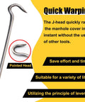 Heavy Duty Steel Manhole Cover Puller Kit To Lift Drain Lids Zero Sweat Storm Sewer Gripper With Ergonomic Handle For Moving Septic Tank Riser Caps Quickly, J-head design for easy lifting.