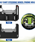 Flip Up Golf Cart Steering Wheel Phone Mount With 360 Adjustable Smartphone Holder And Clever Scorecard Slot showing front and back views.