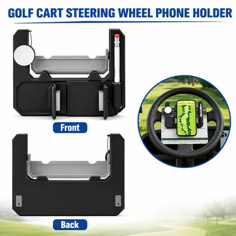Flip Up Golf Cart Steering Wheel Phone Mount With 360 Adjustable Smartphone Holder And Clever Scorecard Slot showing front and back views.