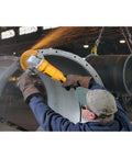 Worker using Beefy 7 Inch Corded Angle Grinder With 13 Amp Motor Delivers 8000 RPM High Power To Weight Ratio Workhorse Tool
