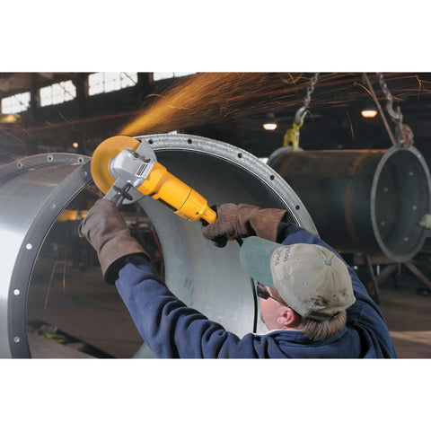Worker using Beefy 7 Inch Corded Angle Grinder With 13 Amp Motor Delivers 8000 RPM High Power To Weight Ratio Workhorse Tool