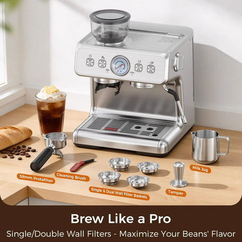 Level Up Your Daily Grind With This 15 Bar Dual Boiler Espresso Machine featuring built-in grinder, milk jug, and accessories.