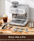 Prosumer Espresso Machine With Built In Grinder Featuring 20 Bar Pressure Thermoblock Heating Keeps Temperatures Rock Solid with accessories.