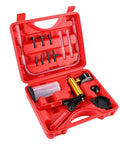 One Man Brake Bleeder Kit With Adapters And Pressure Gauge, Hand Vacuum Pump in red case, tools for automotive use.