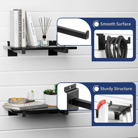 16 Pack Heavy Duty Tube Slatwall Shelf Brackets With Lip For Garage, Retail Or Home Storage shown holding shelves