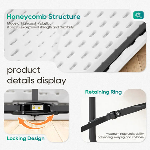 Product details of Six Foot Folding Table For Indoor And Outdoor Use Portable Picnic Party Table With Carrying Handle Fold In Half Design Lightweight White Plastic Perfect For Parties BBQs Weddings Camping And More showing honeycomb structure, locking design, and retaining ring close-ups