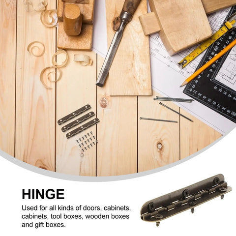 Workshop scene featuring tools with 12 Pack 90 Degree Flush Door Hinges for Small Boxes and Jewelry Boxes on wooden surface.