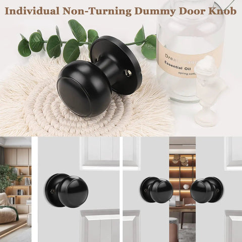 10 Pack Classic Closet Dummy Door Knobs, Non Turning, Single Side Surface Mounted, Black Interior Doorknobs displayed.
