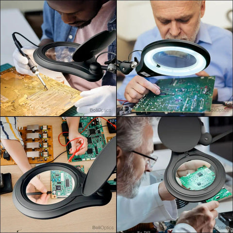 "ESD Safe Glass Lens Magnifying Lamp With Clamp, 8 Diopter Approx 3X Magnification, used for electronics inspection"