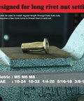 Metal pre-bulbed shank rivnut insert on a vice from Extra Long Mandrel Rivet Nut Tool Kit With 16 Inch Rivnut Gun, Nine Long Mandrels