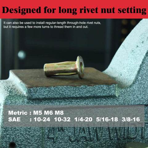 Metal pre-bulbed shank rivnut insert on a vice from Extra Long Mandrel Rivet Nut Tool Kit With 16 Inch Rivnut Gun, Nine Long Mandrels