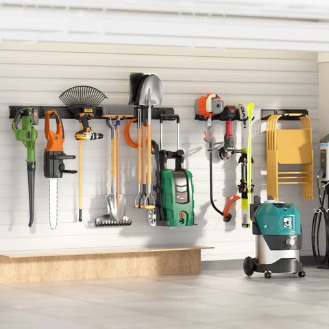 64 Inch Garage Storage Wall Mount Tool Organizer With 620Lb Load Capacity Heavy Duty Metal Hooks holding tools in garage.