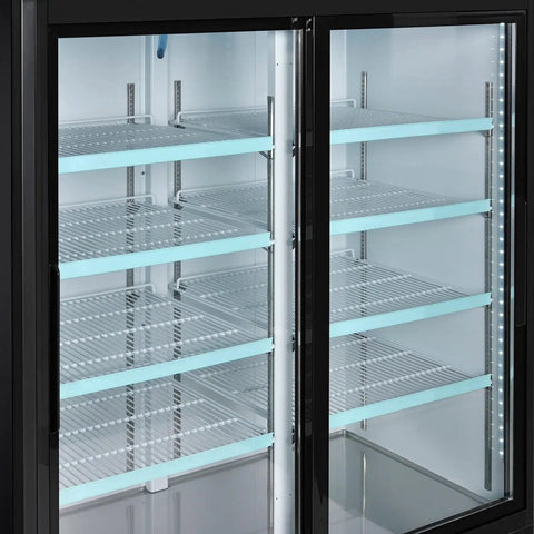 Interior view of Kickass Commercial Merchandiser Refrigerator delivering rock solid 45 cubic foot storage with eight roomy shelves.
