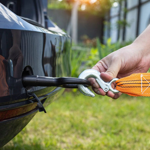Close-up of PATIKIL 1.7-inch zinc-plated hook safety latch attached to a trailer hitch receiver with orange strap.