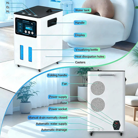 Hydrogen Inhalation Machine With 99.99 Percent Purity, Low Noise Home Wellness Generator, 3L Water Tank, interior and exterior view