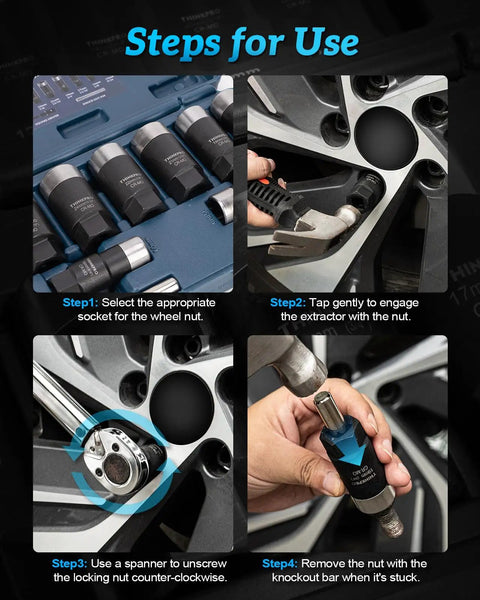Steps for using Heavy Duty Lug Nut Removal Tool Kit With Metric Extractor Sockets 14mm 16mm 17mm 19mm 21mm 22mm 24mm 27mm