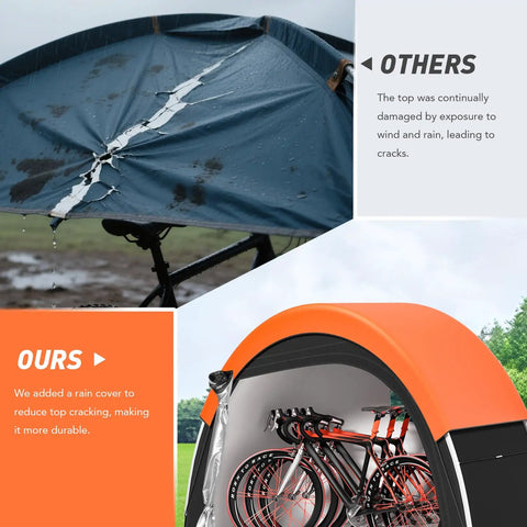 Comparison of ripped and intact bike tents; intact tent is Upgraded Bike Tent With Rain Cover For Outdoor Storage