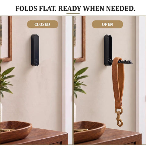 Sick Folding Wall Hooks Black Rounded Design Swivel Arms Tuck Flat Against Wall Space Saving Zinc Alloy, one open with leather strap.