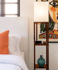 Maxwell Charger Shelf Floor Lamp With USB Ports And Electrical Outlet in bedroom setting, Havana Brown, 9W LED