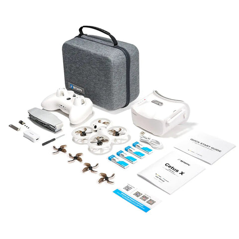 ELRS V3 Cetus X Betaflight FPV Kit with LiteRadio 3 transmitter, VR03 goggles DVR, and accessories laid out neatly