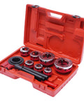 Pro Grade 7 Piece Pipe Threading Kit With Tap And Die Set Including 3/8, 1/2, 3/4, 1, 1-1/4, 1-1/2 And 2 Inch Dies in red case