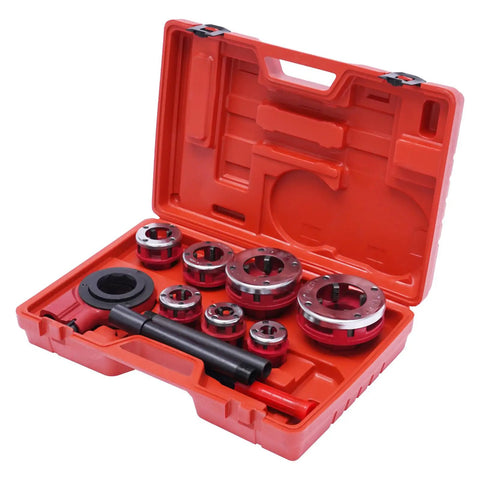 Pro Grade 7 Piece Pipe Threading Kit With Tap And Die Set Including 3/8, 1/2, 3/4, 1, 1-1/4, 1-1/2 And 2 Inch Dies in red case