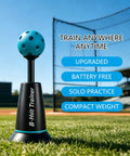 Baseball Batting Training Machine With Metal Frame And Auto Throw For All Skill Levels Youth And Adults Realistic Pitching Spheres And Comprehensive Solo Practice Gear, compact black trainer with blue ball on field