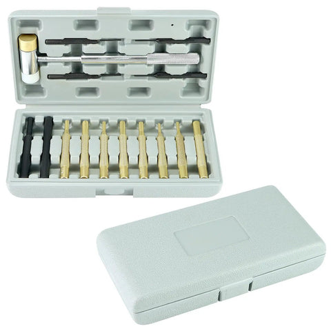 All In One Hammer And Punch Set With Chrome Plated Steel Hammer Nylon And Brass Heads 15 Piece Punch Kit With Brass Steel And Nylon Punches In Durable Plastic Case open view showcasing tools